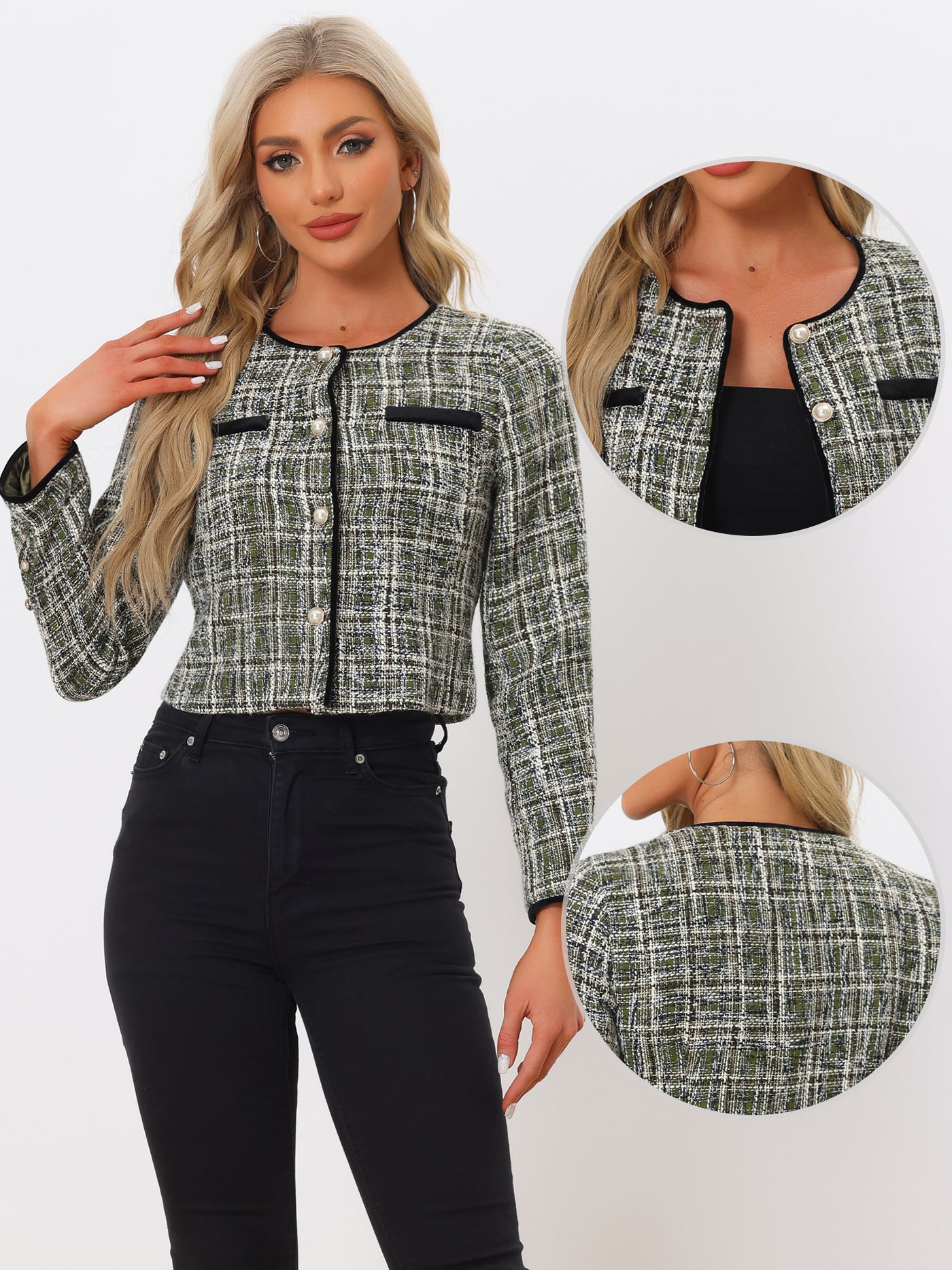 Allegra K Tweed Plaid Round Neck Faux Pearl Button Long Sleeve Cropped Jacket