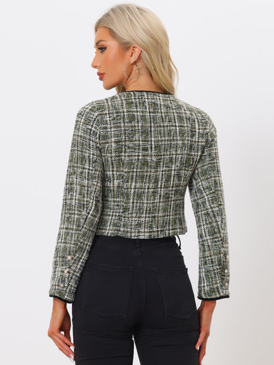 Tweed Plaid Round Neck Faux Pearl Button Long Sleeve Cropped Jacket