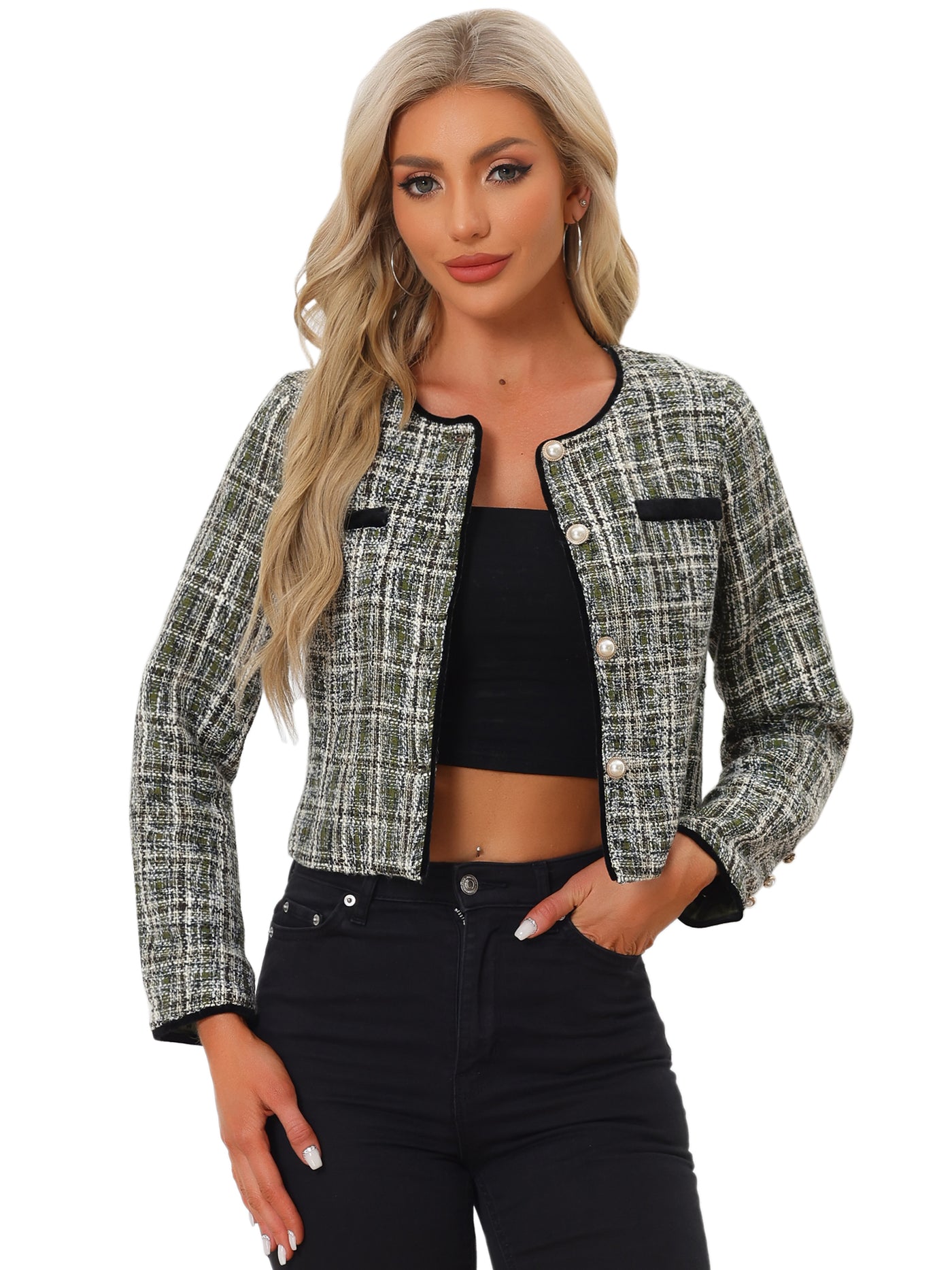 Allegra K Tweed Plaid Round Neck Faux Pearl Button Long Sleeve Cropped Jacket