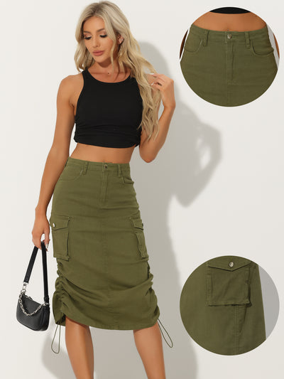 Midi Skirt for Women's Flap Pocket Back Slit Drawstring Cargo Skirt