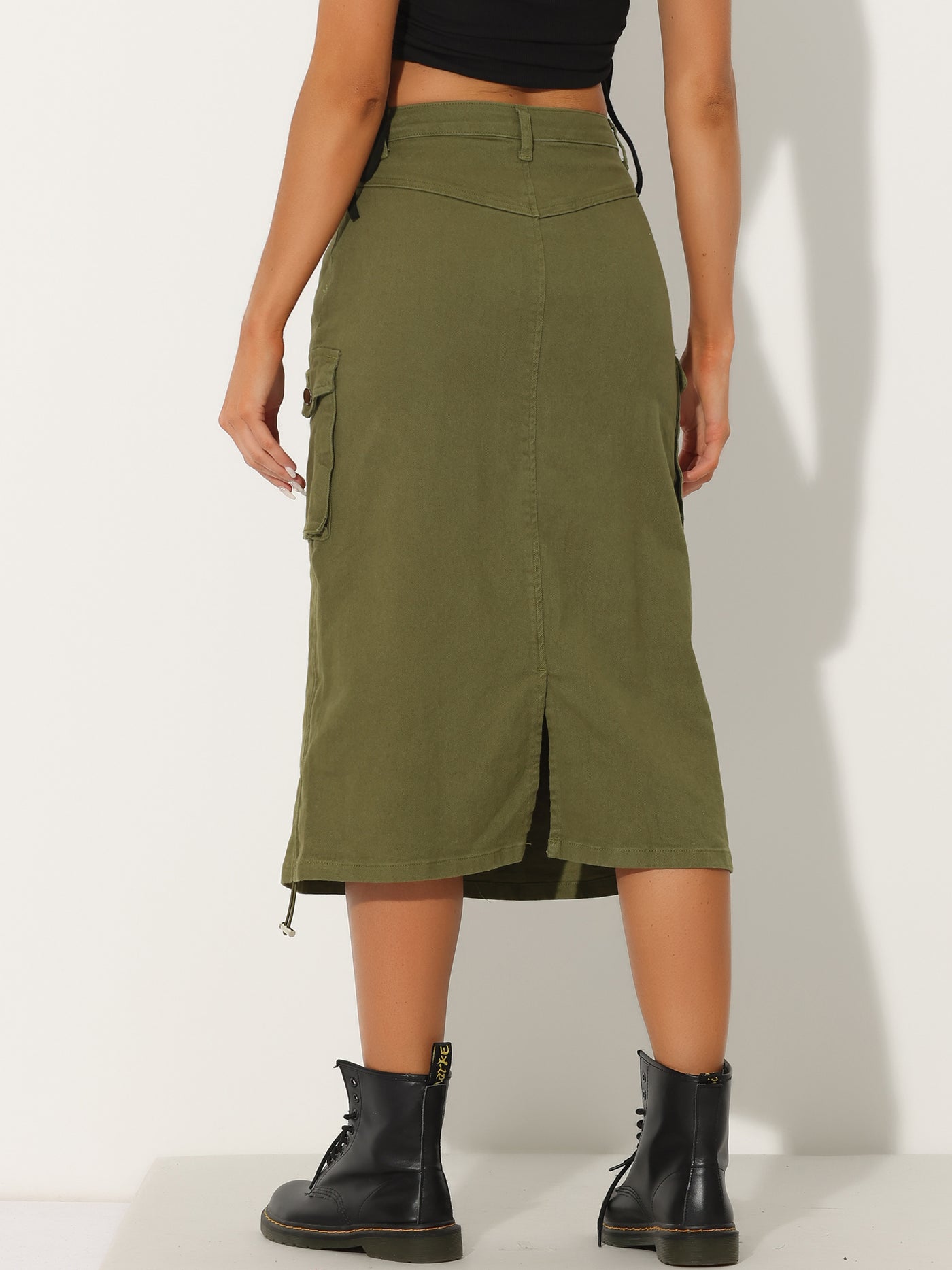 Allegra K Midi Skirt for Women's Flap Pocket Back Slit Drawstring Cargo Skirt
