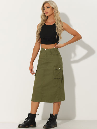 Midi Skirt for Women's Flap Pocket Back Slit Drawstring Cargo Skirt