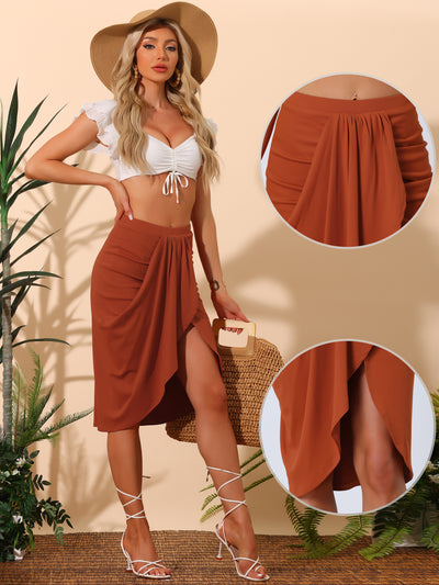 Summer Slit Skirt for Women's High Waist Asymmetrical Ruched Solid Casual Skirts