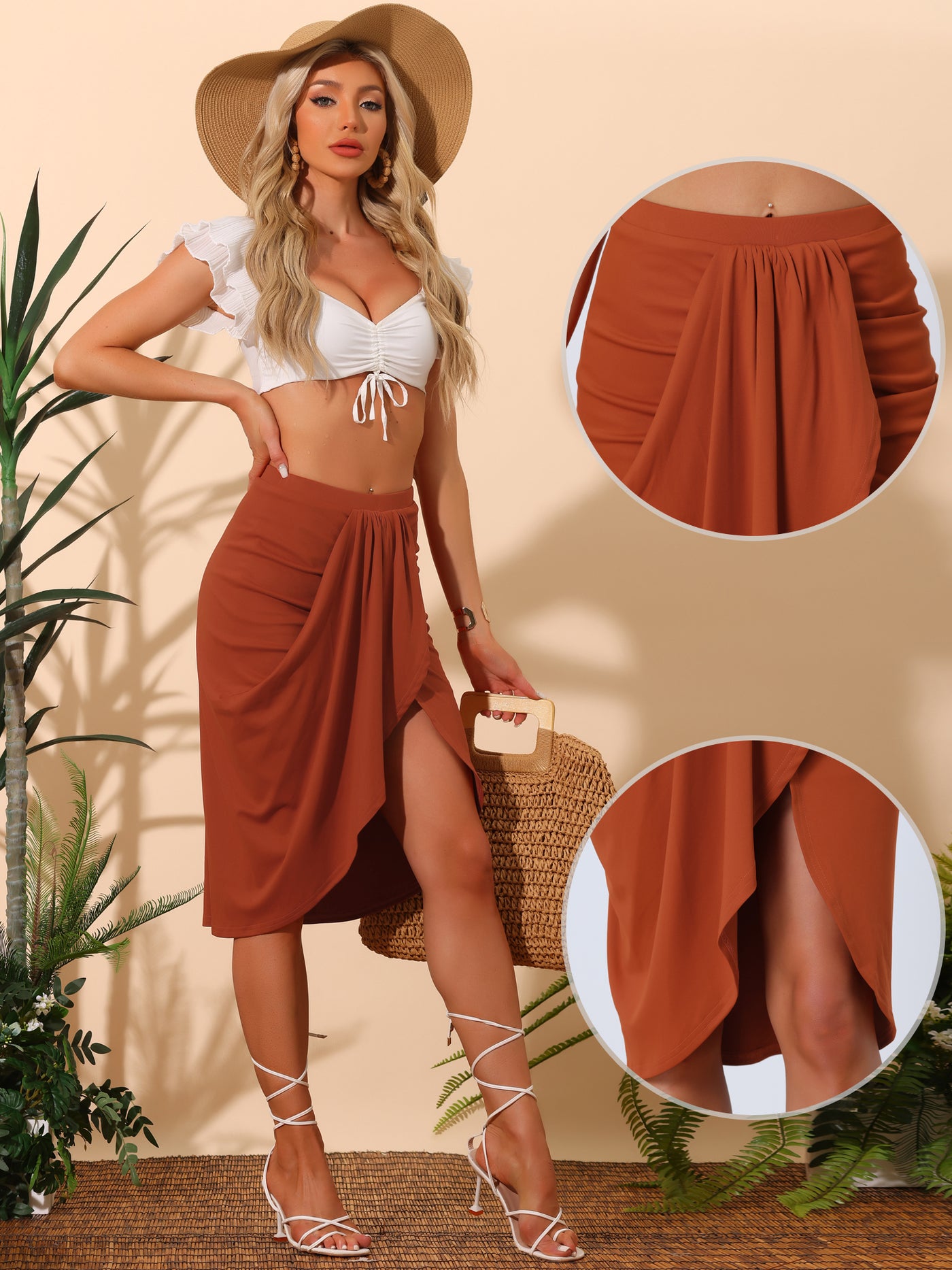 Allegra K Summer Slit Skirt for Women's High Waist Asymmetrical Ruched Solid Casual Skirts