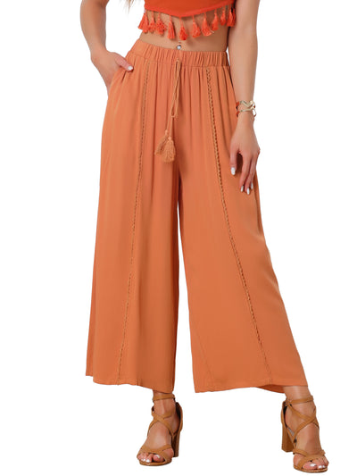 Casual Pants for Women's Elastic High Waist Drawstring Wide Leg Palazzo Trousers