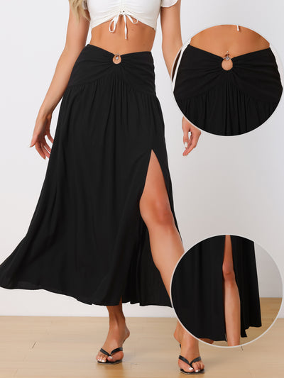 Maxi Boho Skirt for Women's Summer Flowy Smocked Waist Cutout Boho Skirt