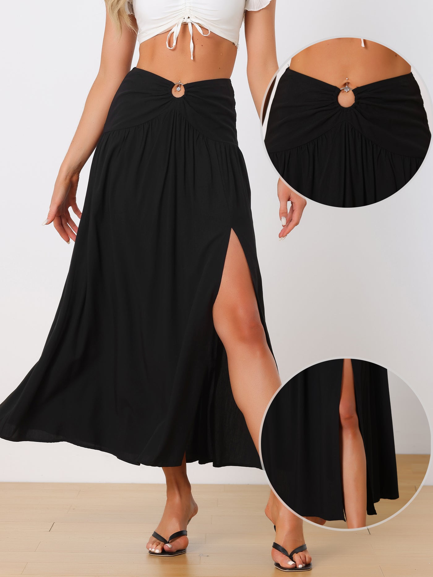 Allegra K Maxi Boho Skirt for Women's Summer Flowy Smocked Waist Cutout Boho Skirt