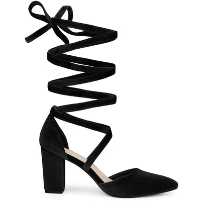 Women's Velvet Lace Up Chunky Heels Pointed Toe Pumps