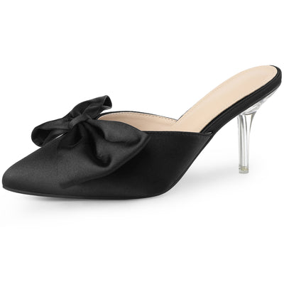 Women's Bow Pointed Toe Clear Stiletto Heel Slides Mules