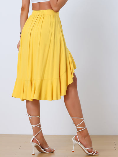 Asymmetrical Ruffle Hem Skirts for Women's High Elastic Waist Solid Midi Skirt