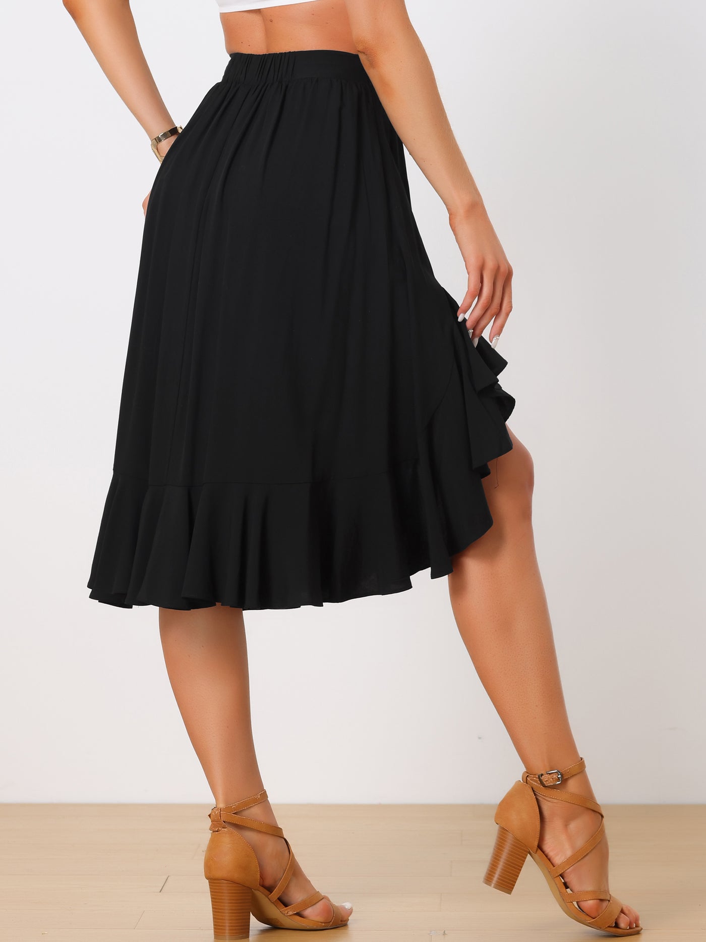 Allegra K Asymmetrical Ruffle Hem Skirts for Women's High Elastic Waist Solid Midi Skirt