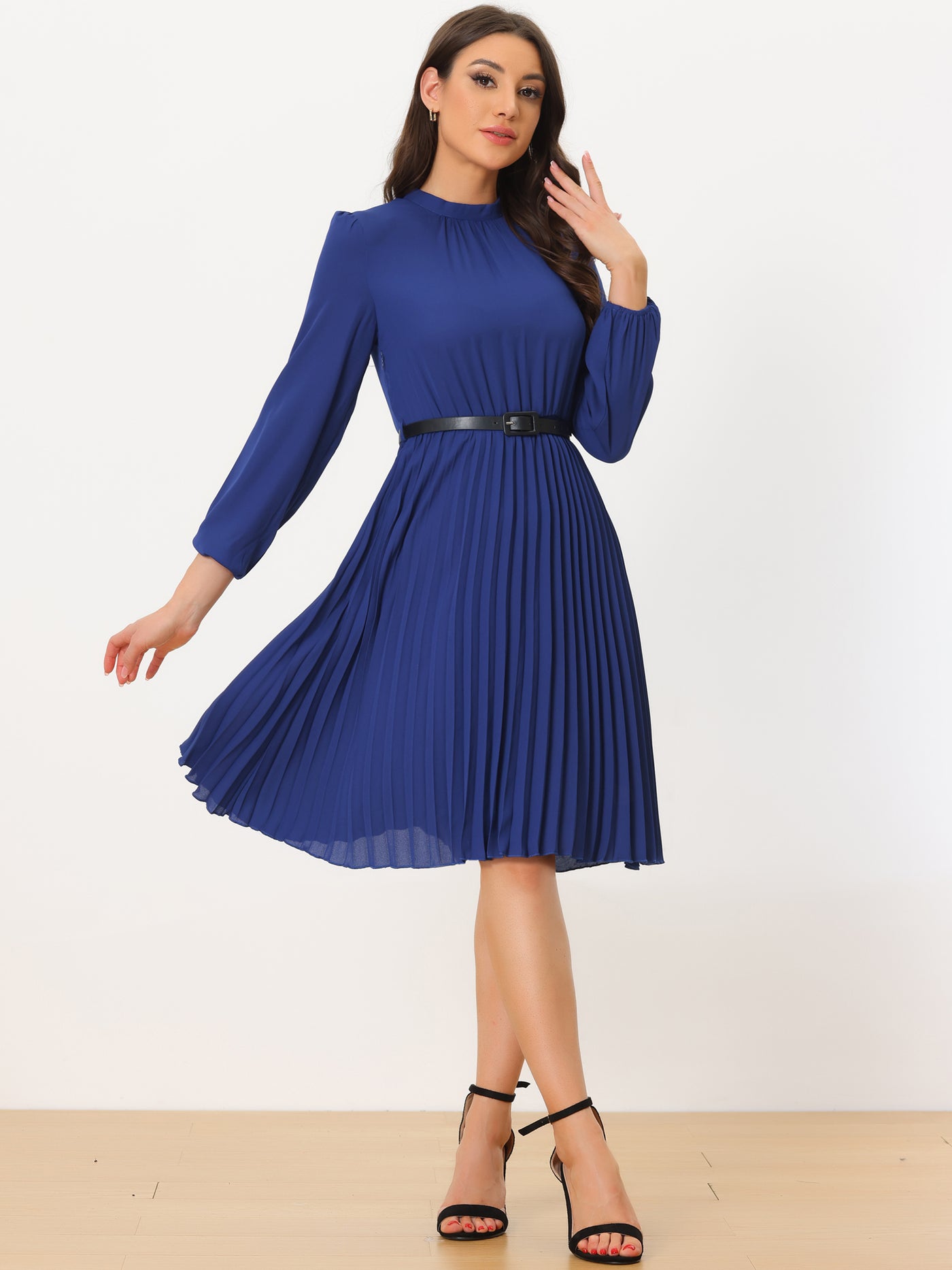 Allegra K Stand Collar Long Sleeve Belted Pleated Midi Shirt Dress