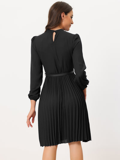 Stand Collar Long Sleeve Belted Pleated Midi Shirt Dress