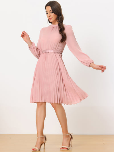 Stand Collar Long Sleeve Belted Pleated Midi Shirt Dress