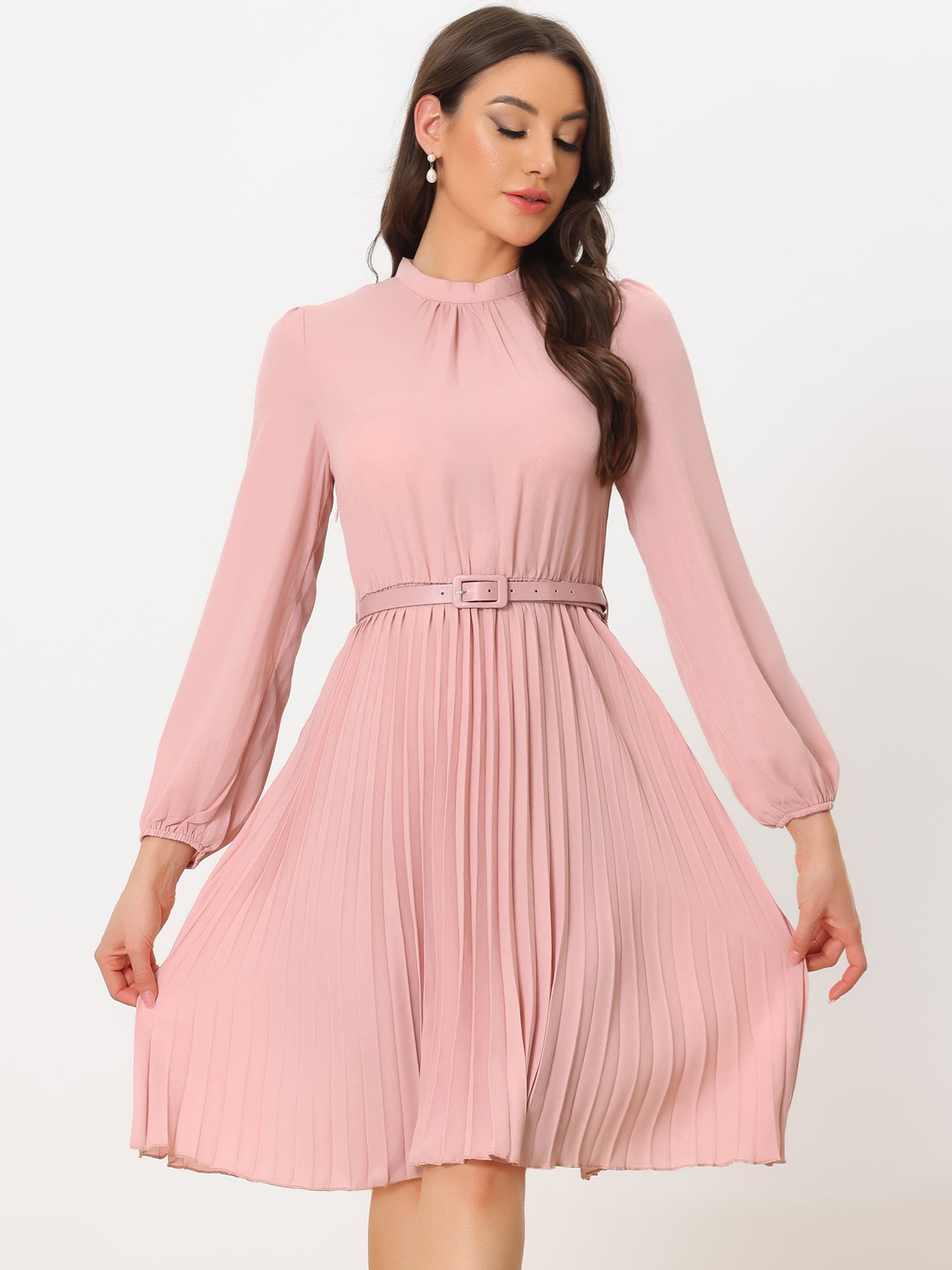 Allegra K Stand Collar Long Sleeve Belted Pleated Midi Shirt Dress