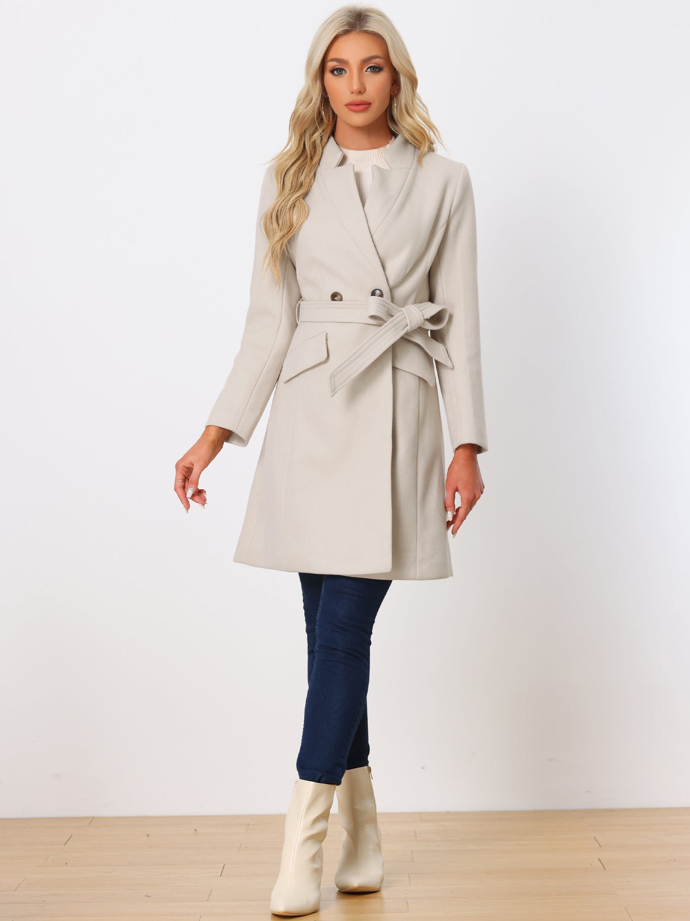 Allegra K Belted Stand Collar Winter Fully Lined Belted Coats