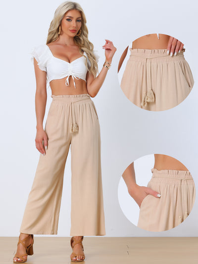 Straight Pants for Women's Casual Loose Elastic Waist Pockets Wide Leg Lounge Trousers