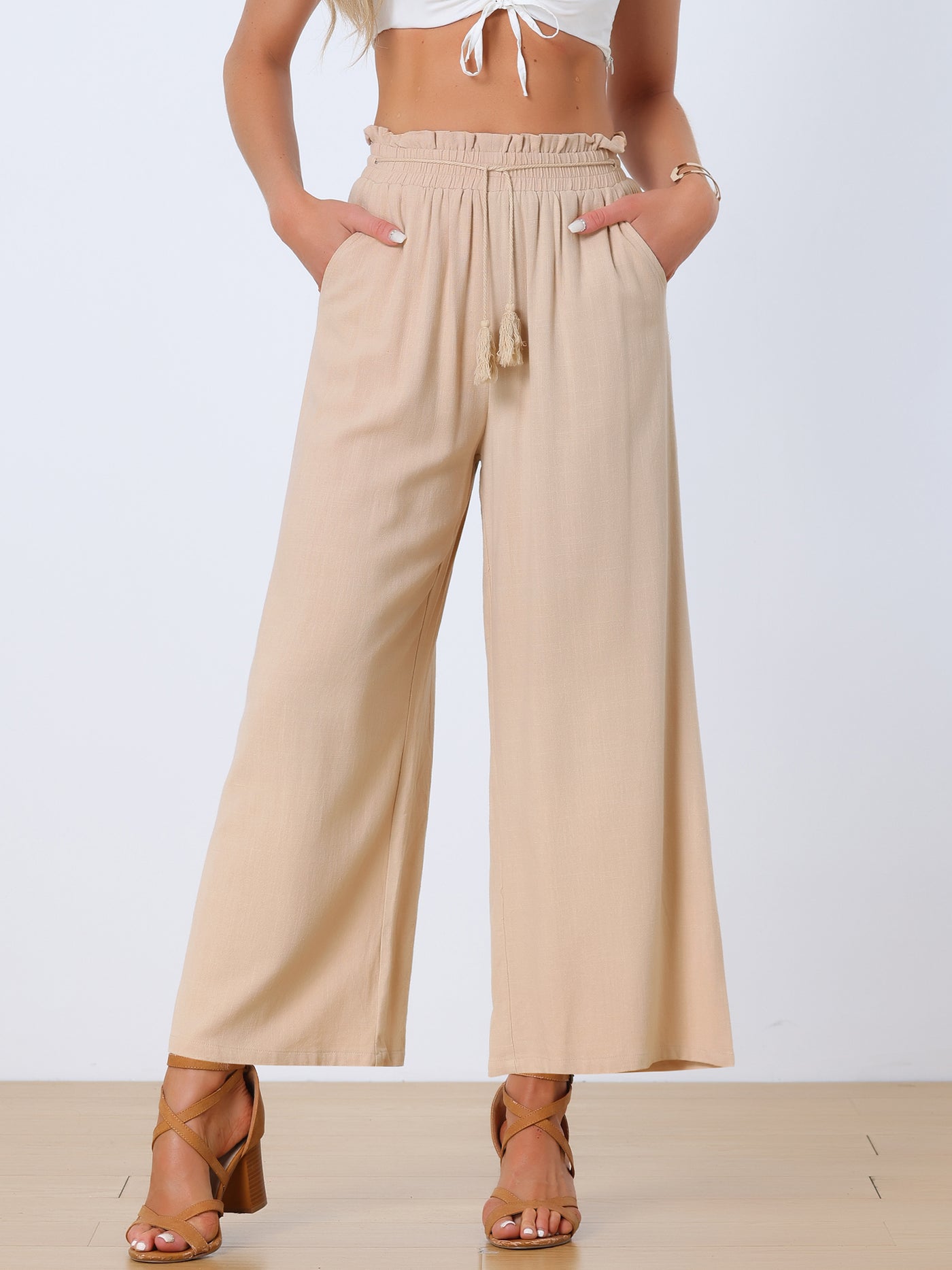 Allegra K Straight Pants for Women's Casual Loose Elastic Waist Pockets Wide Leg Lounge Trousers