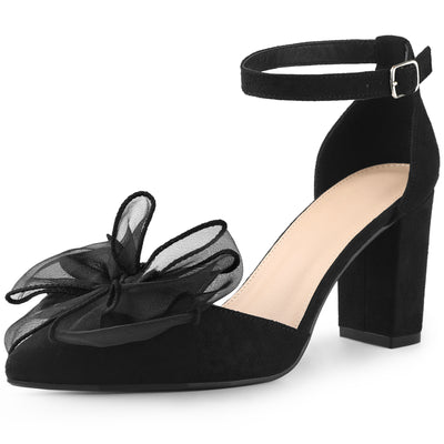 Women's Bow Knot Pointed Toe Block Heel Pumps