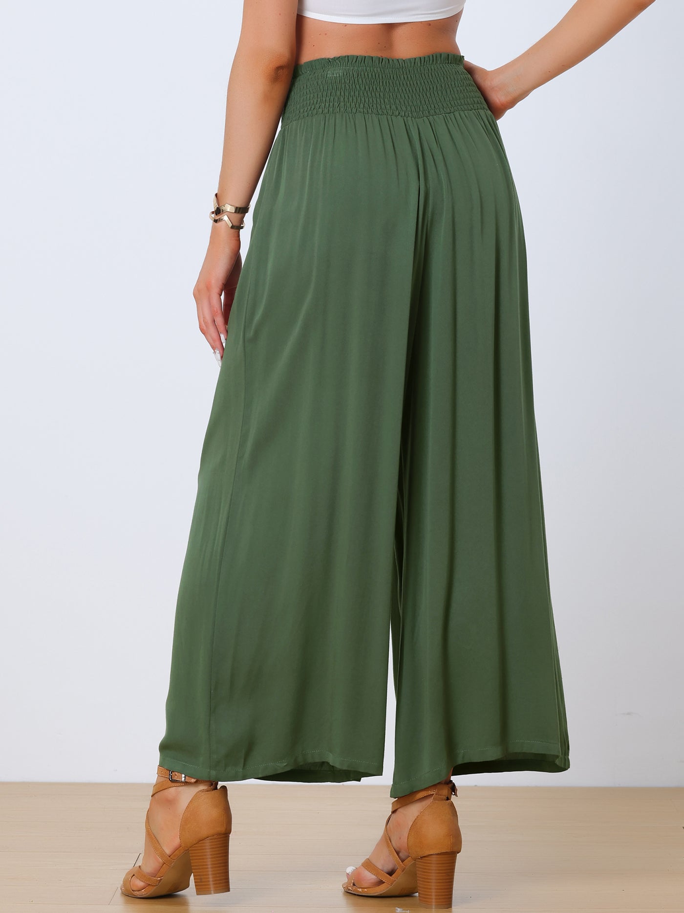 Allegra K Smocked High Waisted Loose Palazzo Lounge Casual Wide Leg Pants