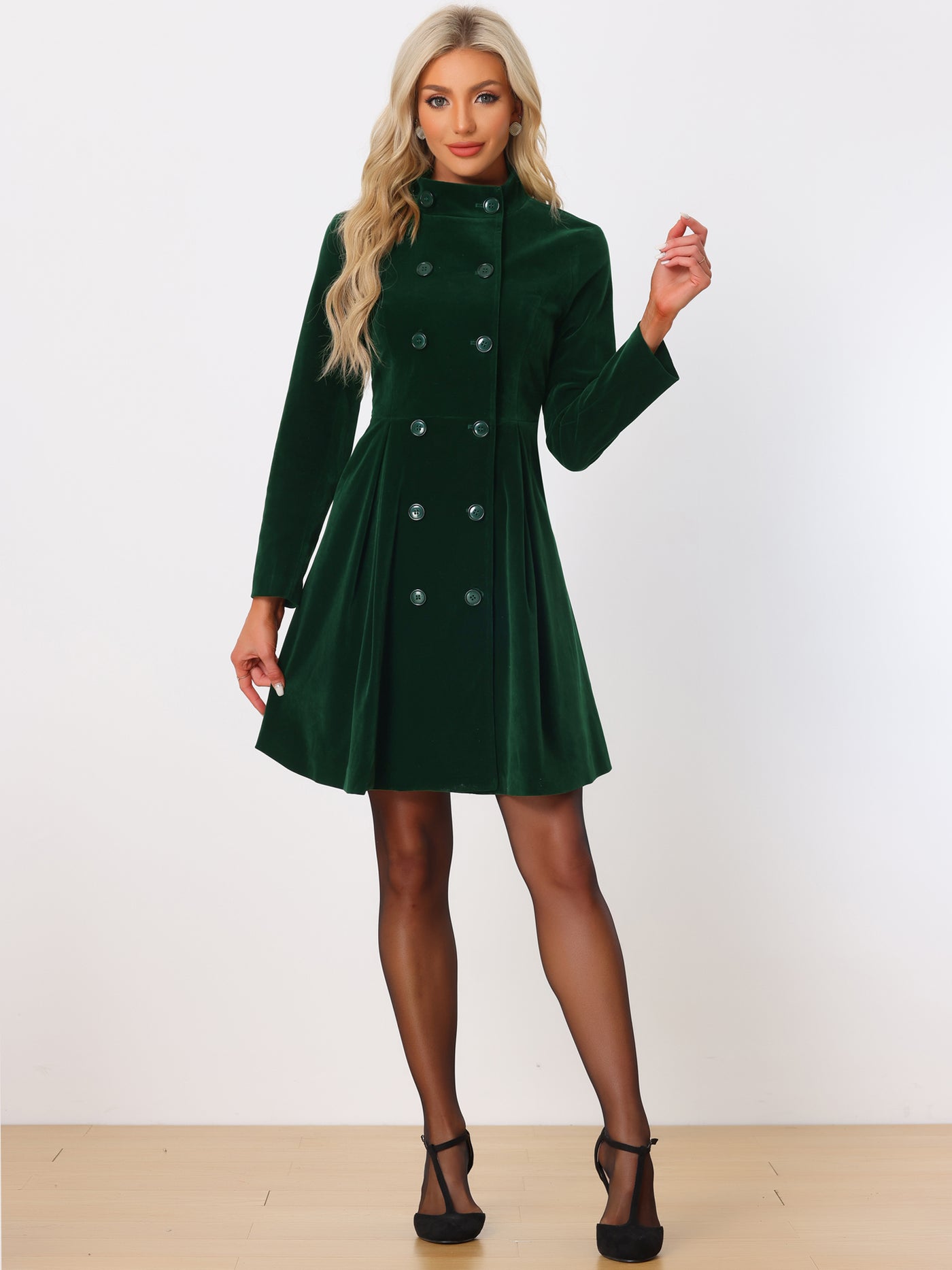 Allegra K Velvet A-Line Stand Collar Double Breasted Winter Trench Coat
