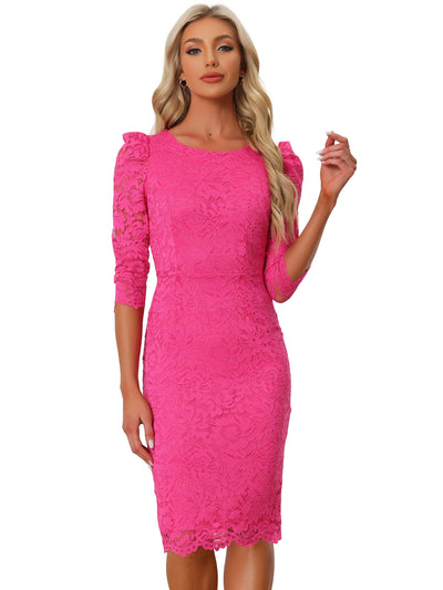 Lace Floral Crew Neck 3/4 Sleeve Bodycon Guest Cocktail Dress