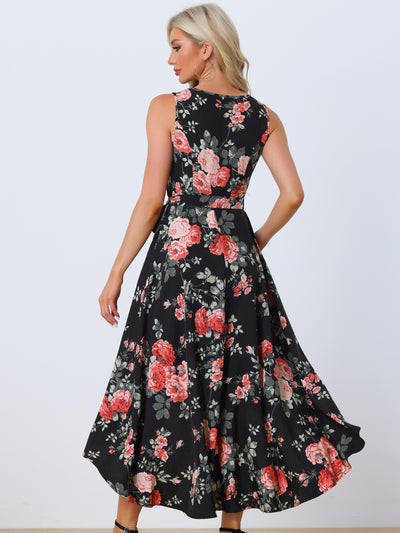 V Neck Floral Print Belt Sleeveless High Low Hem Long Maxi Dress