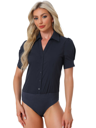 Button Down Leotard Shirt Short Sleeve Collared Business Work Bodysuit