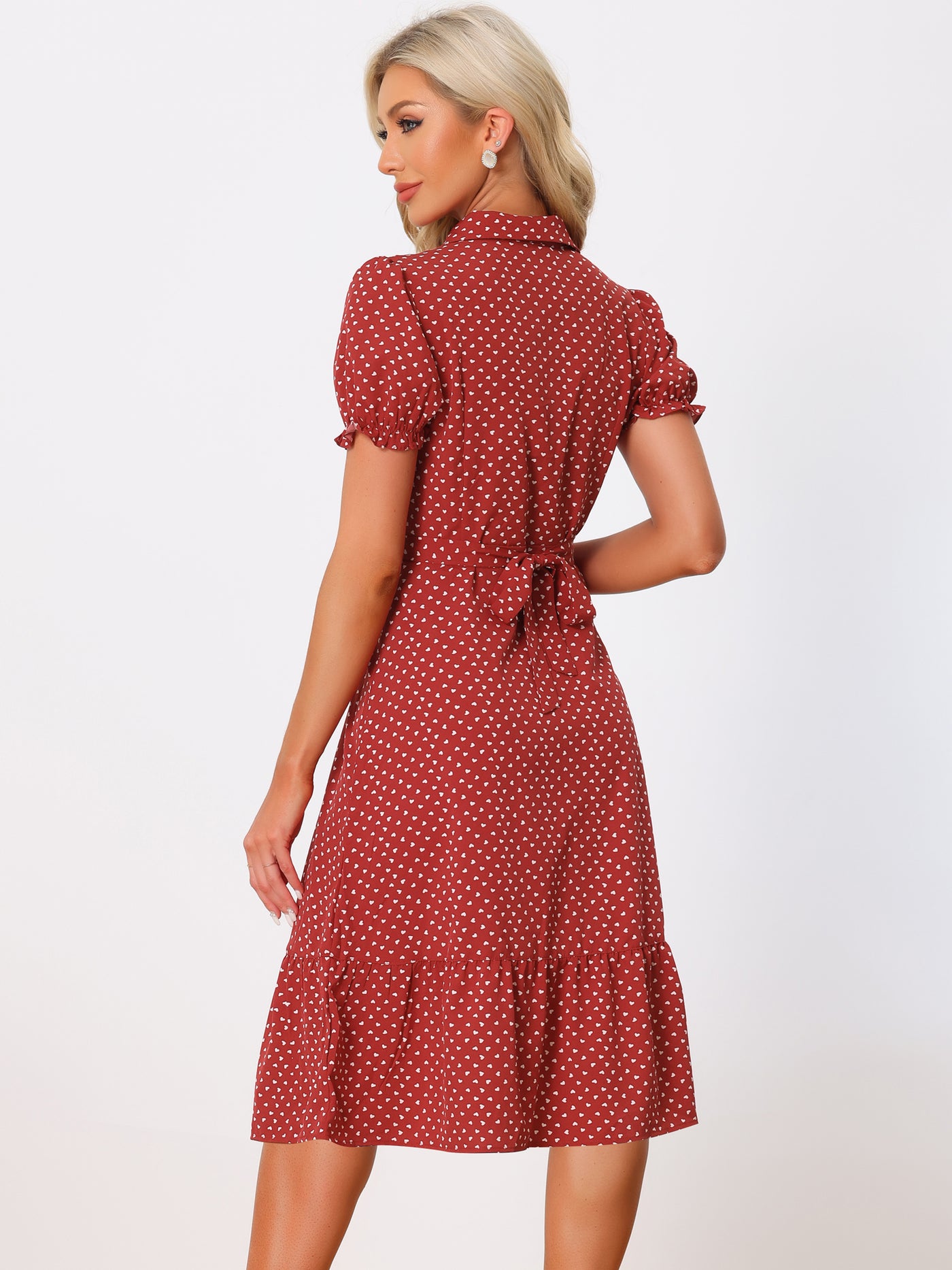 Allegra K Heart Print Dresses for Women's Lapel Collar Puff Short Sleeves Vintage Ruffled Dress