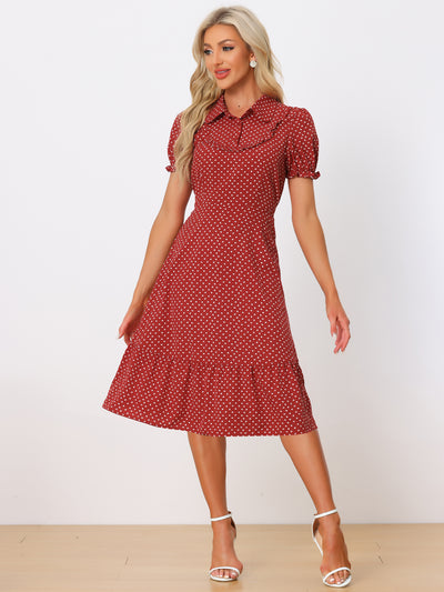 Allegra K Heart Print Dresses for Women's Lapel Collar Puff Short Sleeves Vintage Ruffled Dress