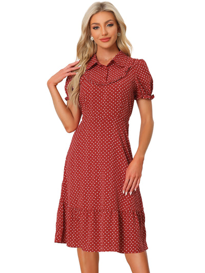 Heart Print Dresses for Women's Lapel Collar Puff Short Sleeves Vintage Ruffled Dress