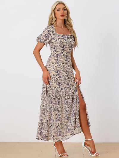 Floral Puff Sleeves Square Neck Ruffle Slit Maxi Dress