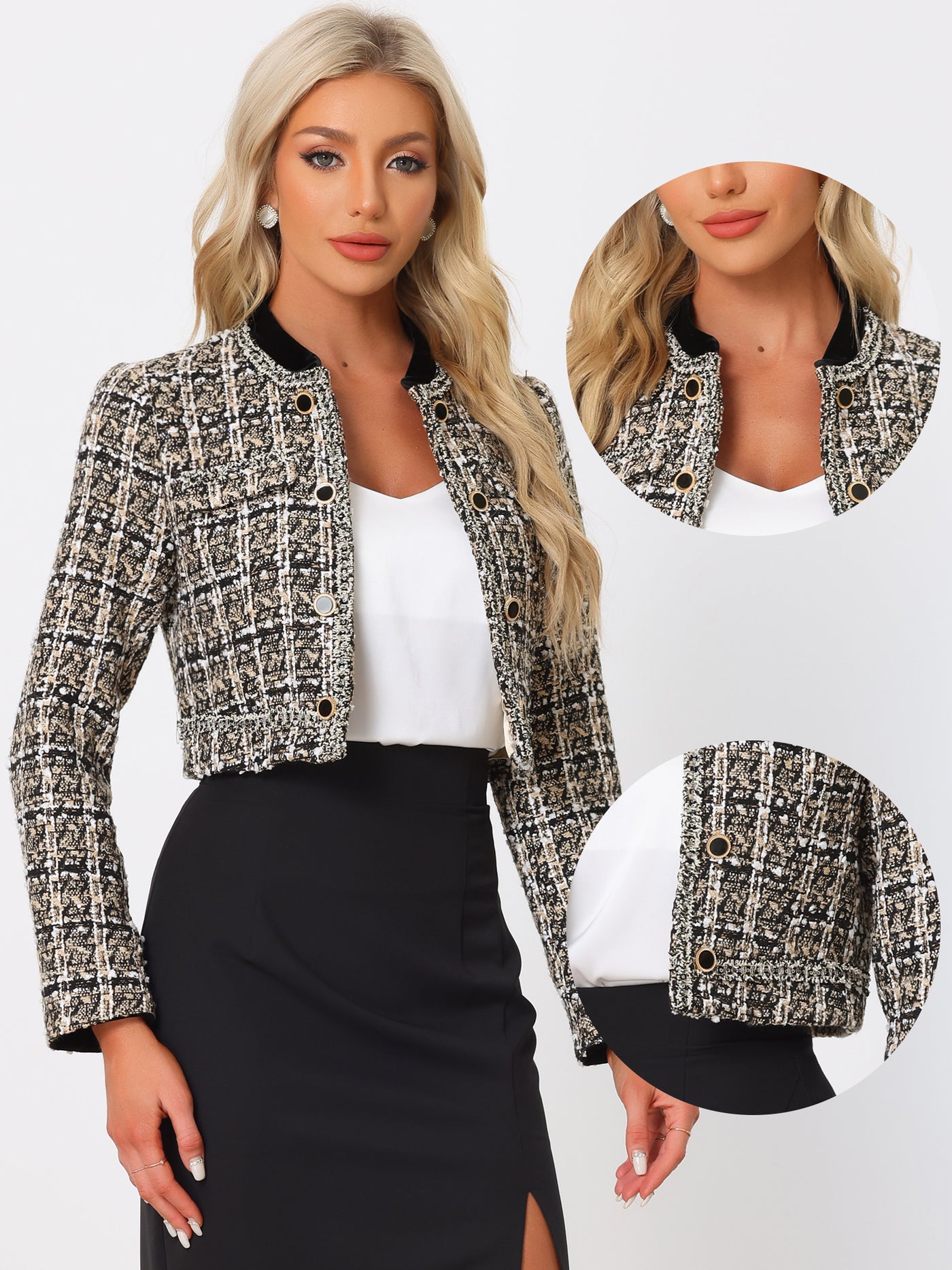 Allegra K Stand Collar Double Breasted Elegant Plaid Tweed Crop Jacket