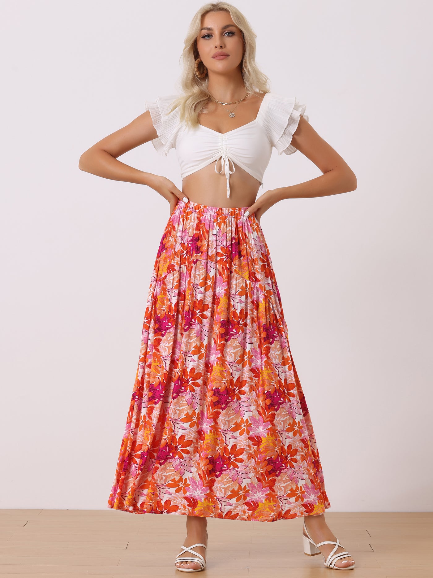 Allegra K Floral Elastic High Waist Bohemian Beach Maxi Skirt
