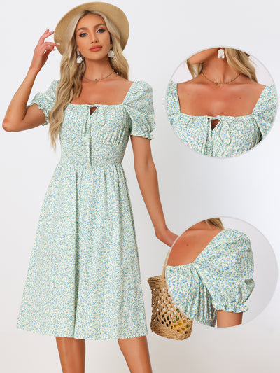Summer Floral Puff Sleeve Square Neck Midi Smocked Dress