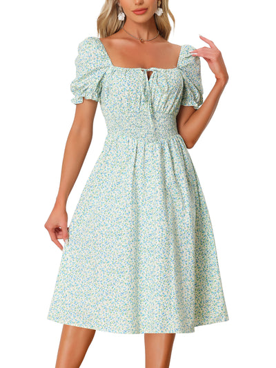 Summer Floral Puff Sleeve Square Neck Midi Smocked Dress
