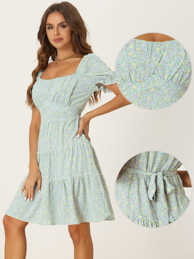 Tiered Floral Summer Square Neck Puff Sleeve Tie Back Flowy Mini Dress