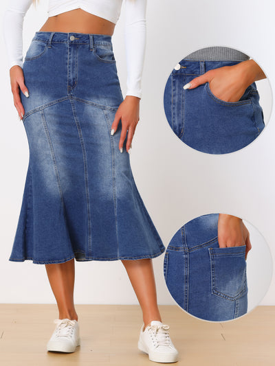 Fishtail Denim Washed Midi Jean Bodycon Skirt