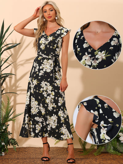 Floral V-Neck Ruffled Flare Sleeves Belted Vacation Maxi Dress Sundress