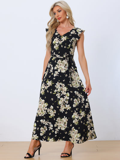 Floral V-Neck Ruffled Flare Sleeves Belted Vacation Maxi Dress Sundress