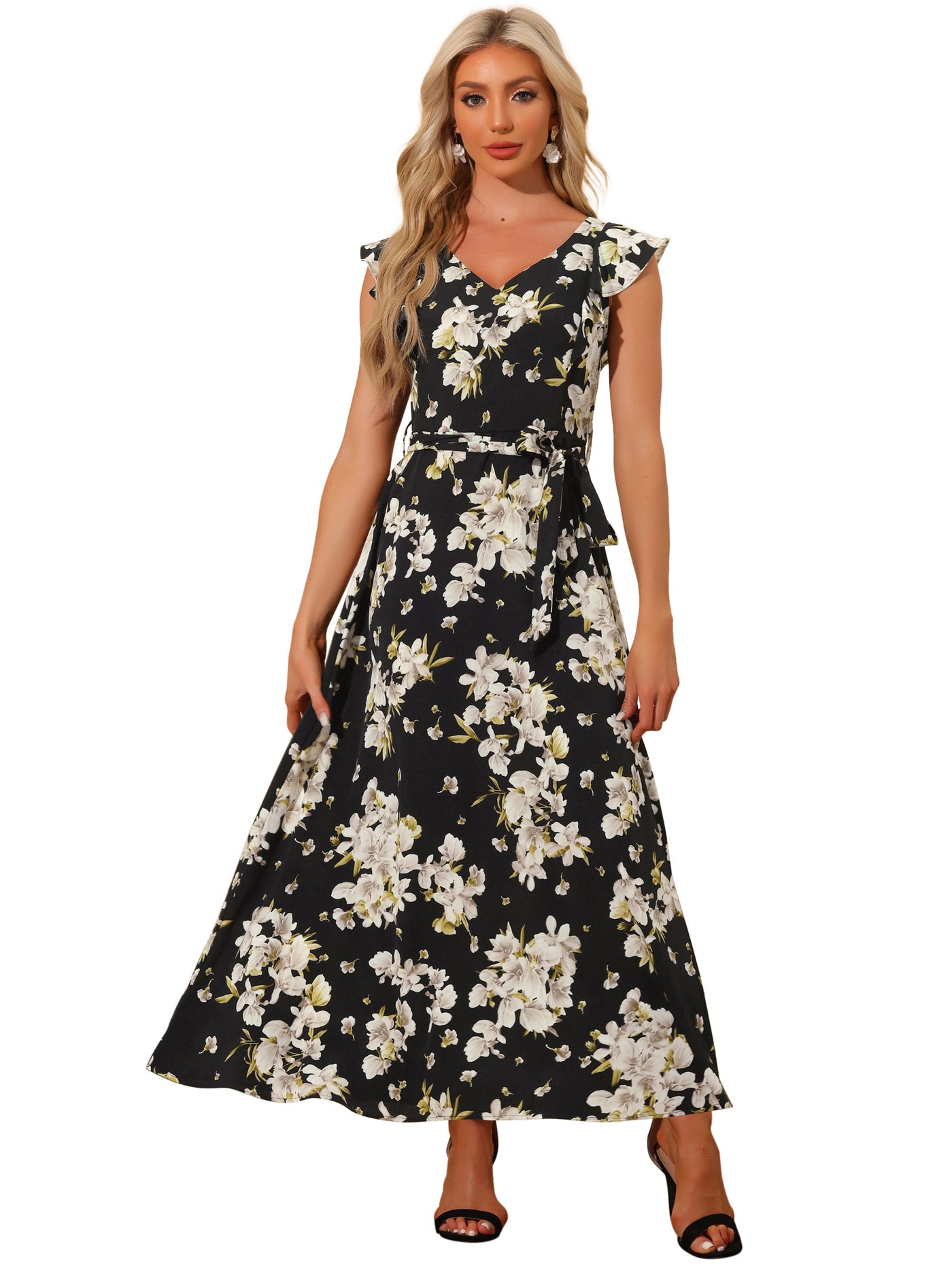 Allegra K Floral V-Neck Ruffled Flare Sleeves Belted Vacation Maxi Dress Sundress