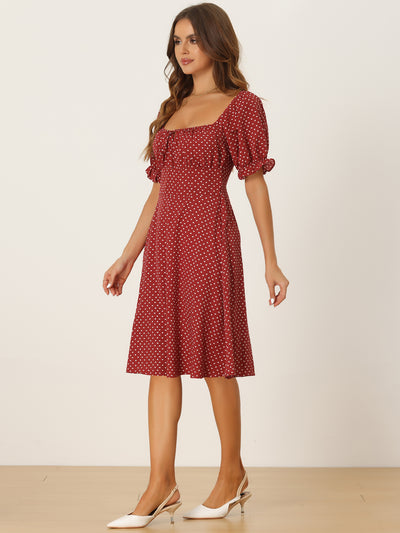 Heart Dots Lace Up Off Shoulder Puff Sleeve Smocked Back Midi Dress