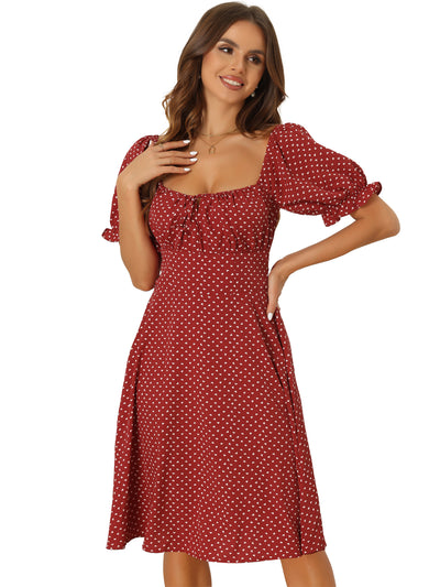 Heart Dots Lace Up Off Shoulder Puff Sleeve Smocked Back Midi Dress