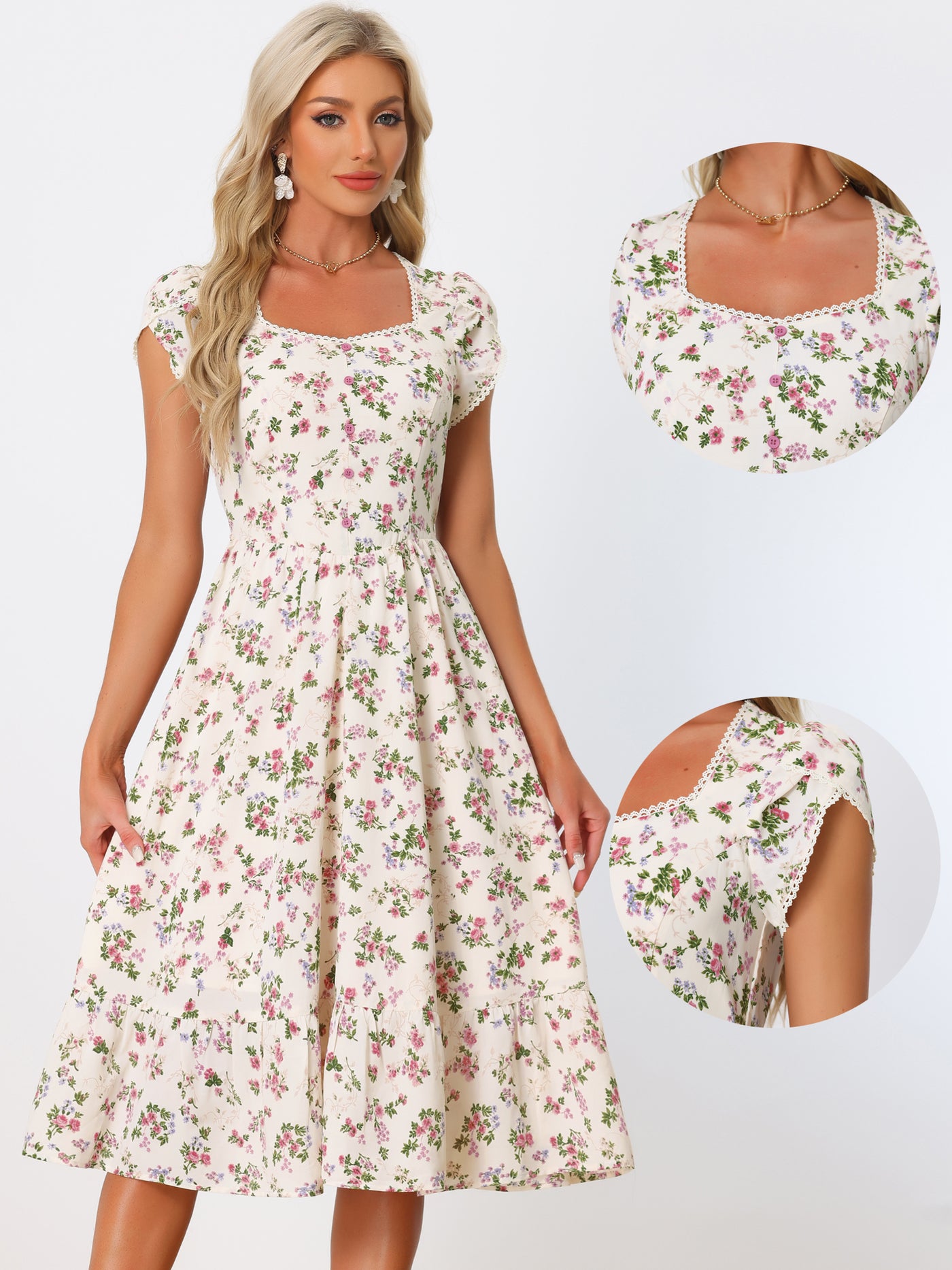 Allegra K Summer Petal Sleeve Boho Floral Print Midi Dress