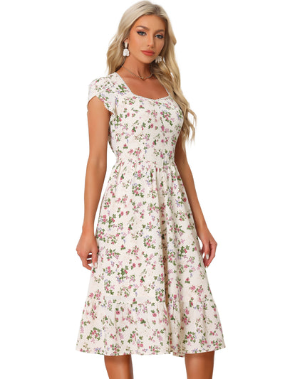 Summer Petal Sleeve Boho Floral Print Midi Dress