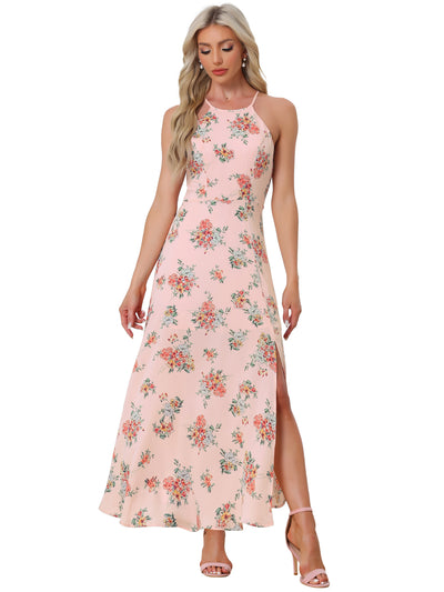 Sleeveless Floral Round Neck Slit Hem Summer Long Maxi Dress Sundress