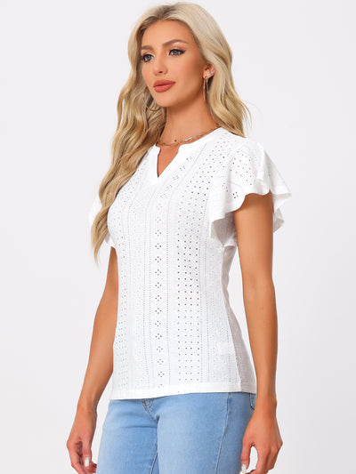 Allegra K Embroidered Eyelet Top Shirt for Women's V Neck Ruffle Sleeve Hollow Out Summer Country Tops