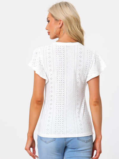 Embroidered Eyelet Top Shirt V Neck Ruffle Sleeve Hollow Out Summer Country Tops