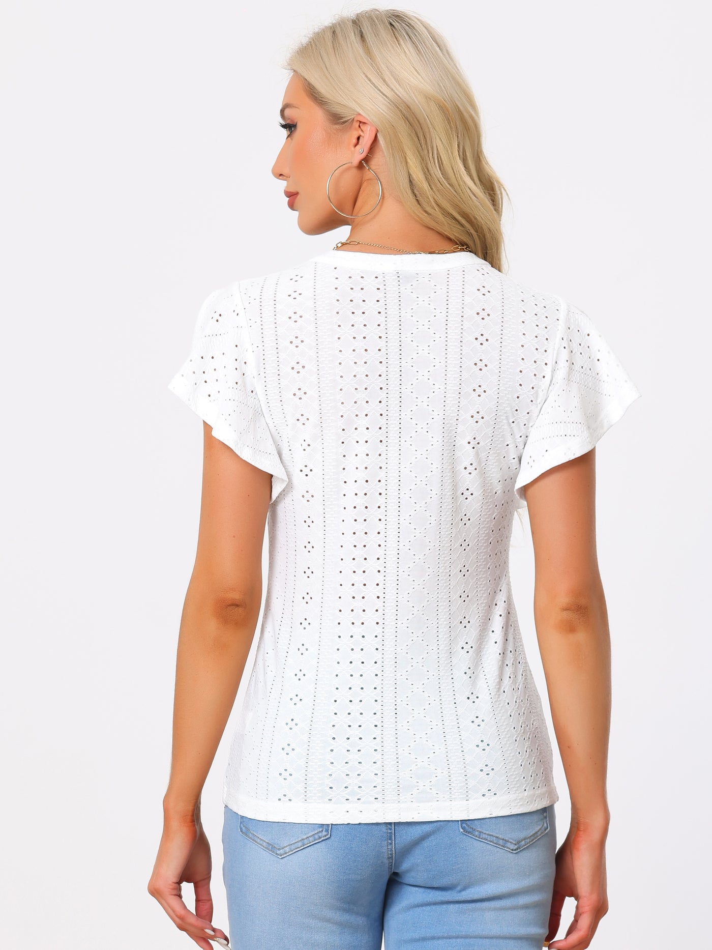 Allegra K Embroidered Eyelet Top Shirt V Neck Ruffle Sleeve Hollow Out Summer Country Tops