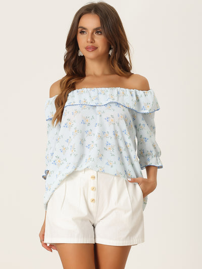 Floral Smocked Ruffled Off Shoulder Puff Sleeves Blouse